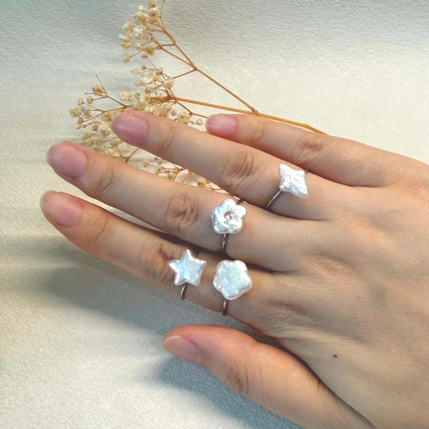 Adjustable Baroque Pearl Ring | Star, Diamond & Flower Styles