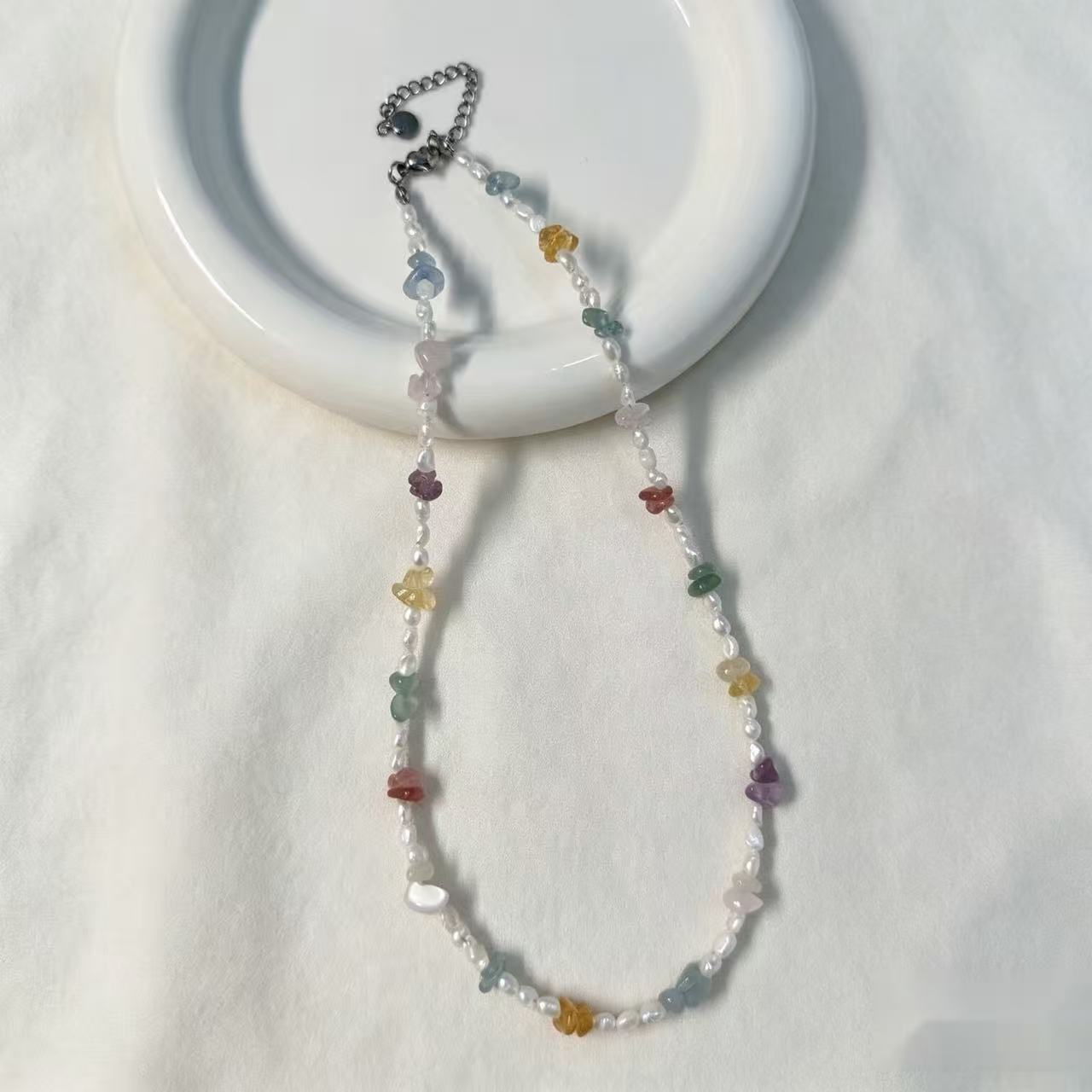 Colorful Crystal Chips & Irregular Pearl Necklace