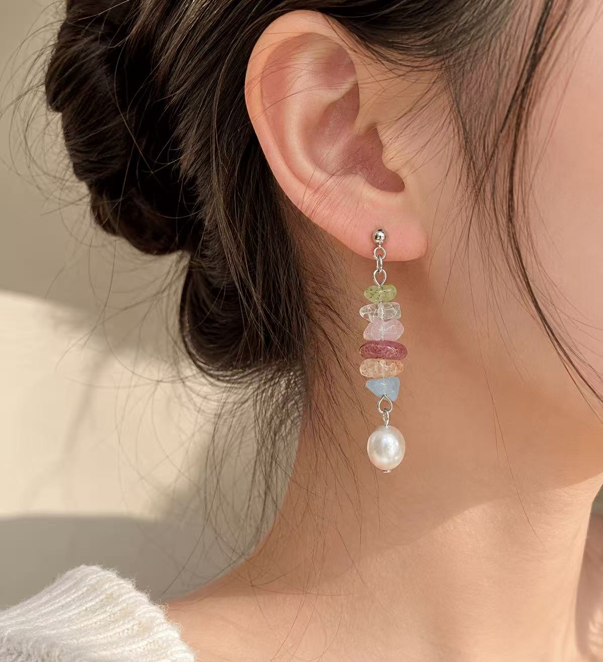 Colorful Gemstone & Baroque Pearl Earrings