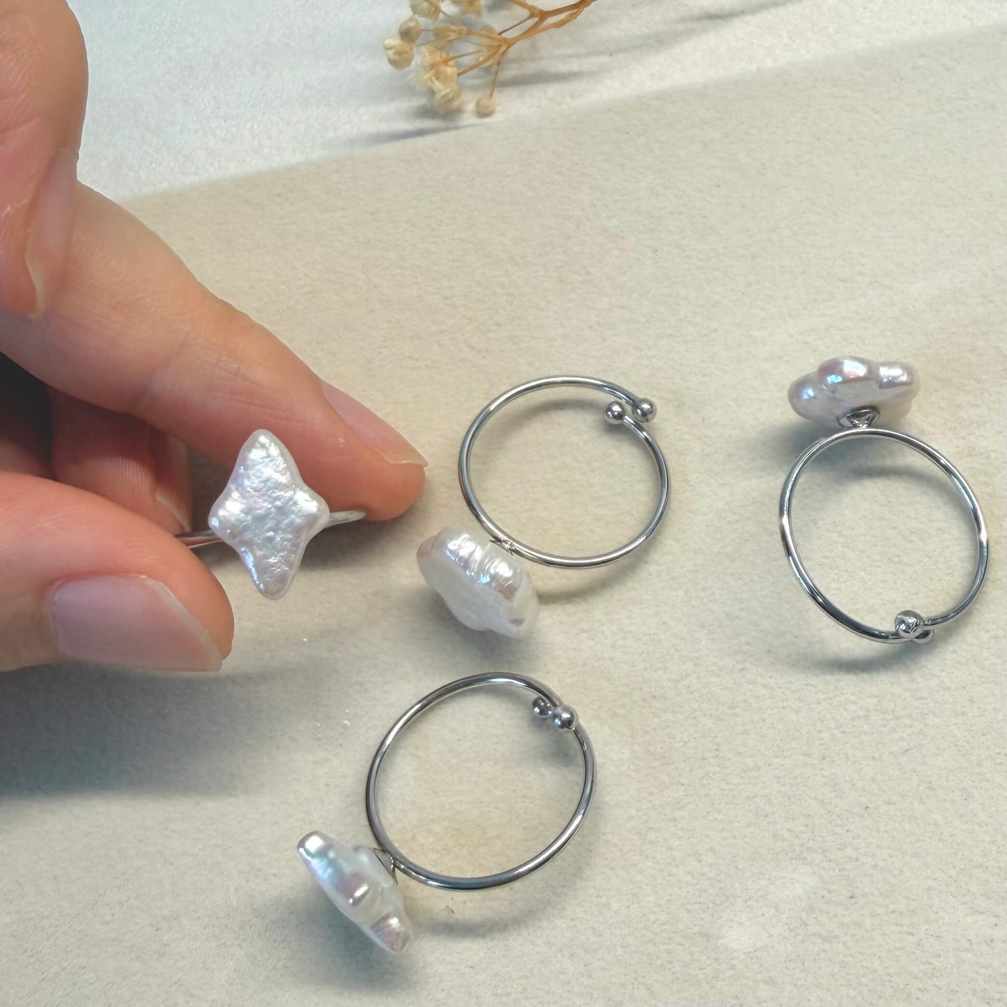 Adjustable Baroque Pearl Ring | Star, Diamond & Flower Styles