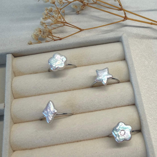 Adjustable Baroque Pearl Ring | Star, Diamond & Flower Styles