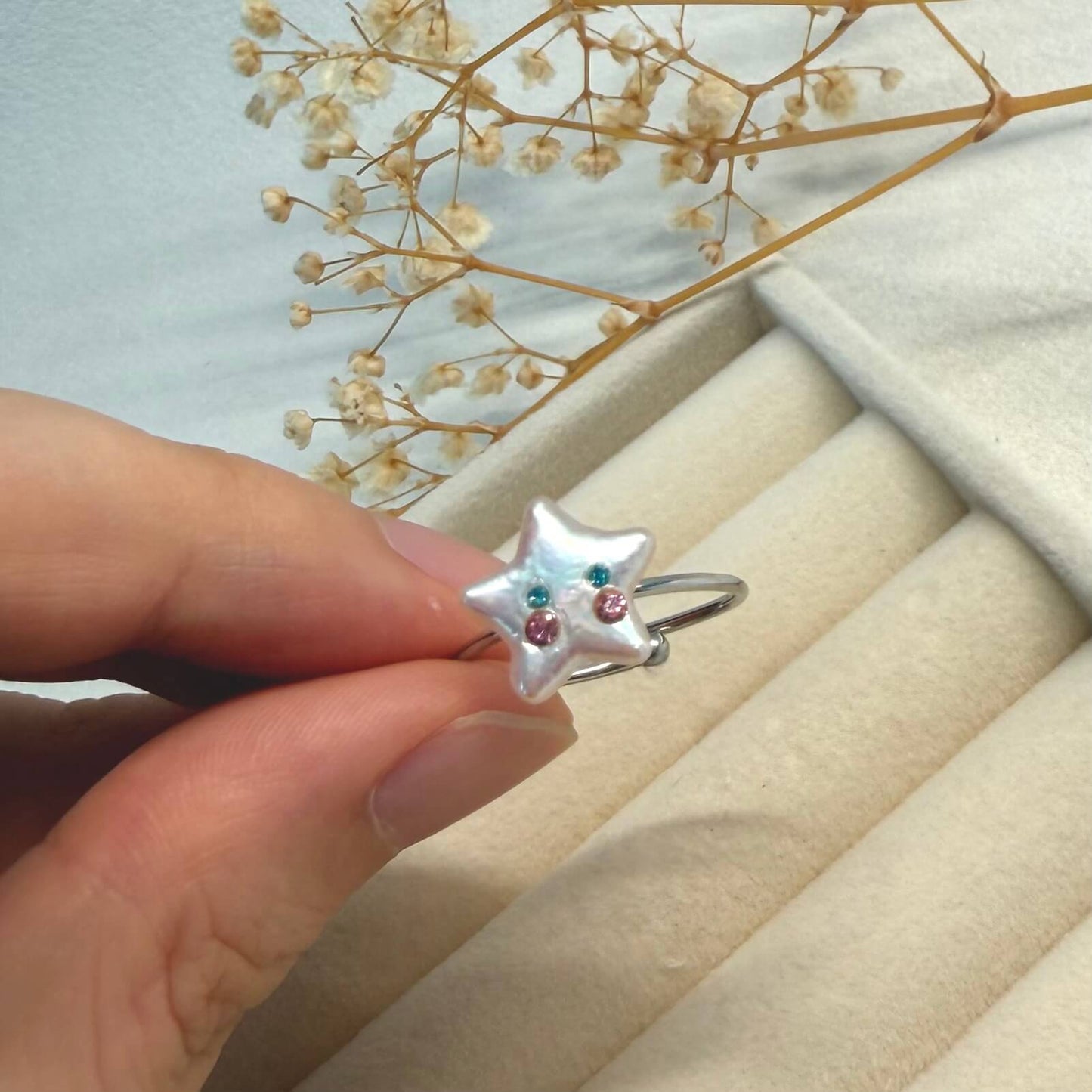 Colorful CZ Star Pearl Adjustable Ring