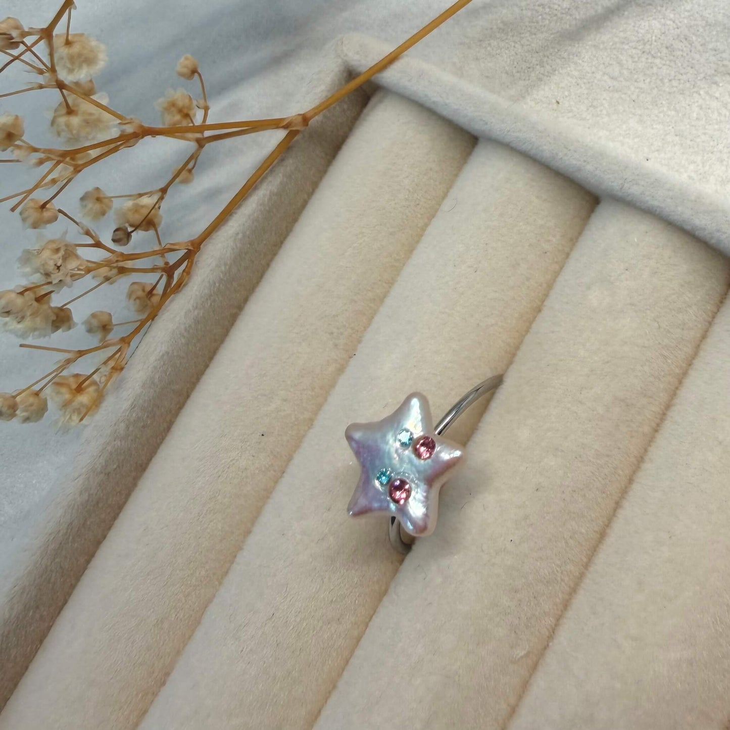 Colorful CZ Star Pearl Adjustable Ring