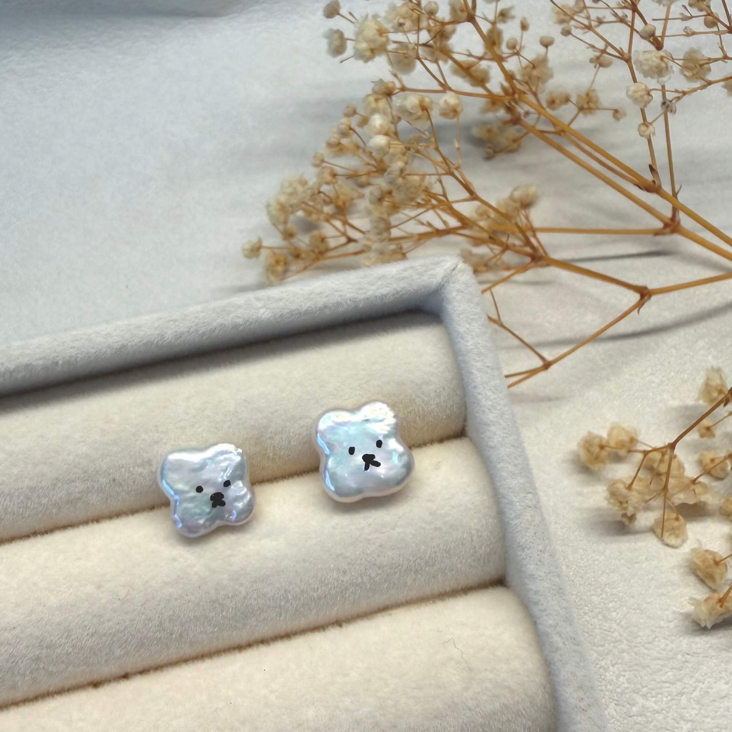 Hand-Painted Bunny Freshwater Pearl Stud Earrings