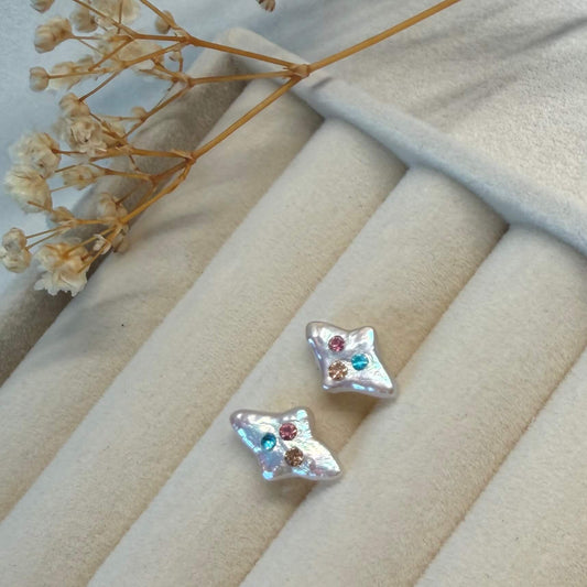 Colorful CZ Diamond Baroque Pearl Stud Earrings