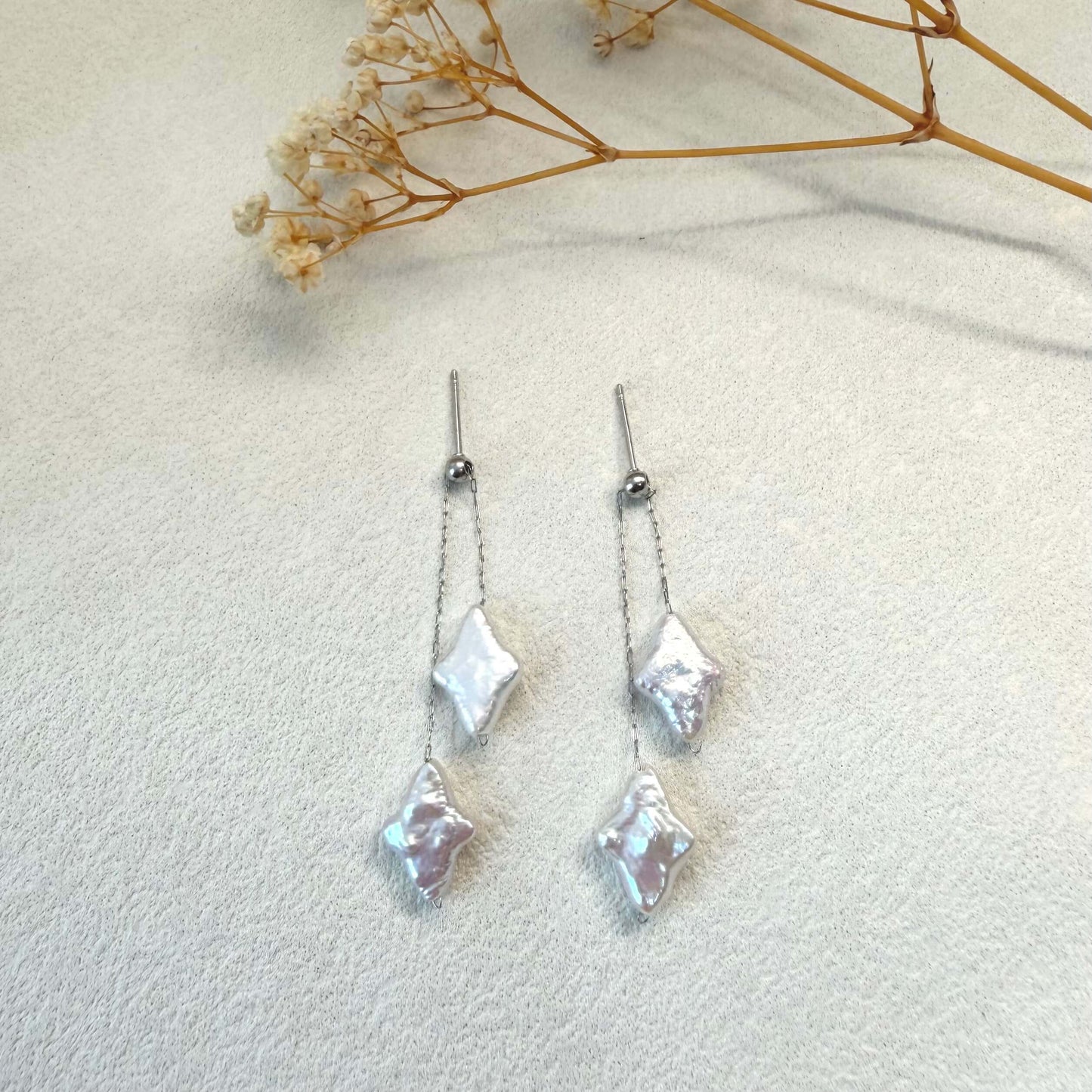 Asymmetrical Diamond Baroque Pearl Earrings