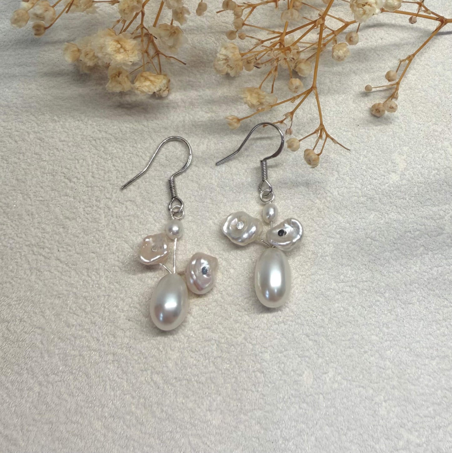 Pearl Flower Basket Dangle Earrings