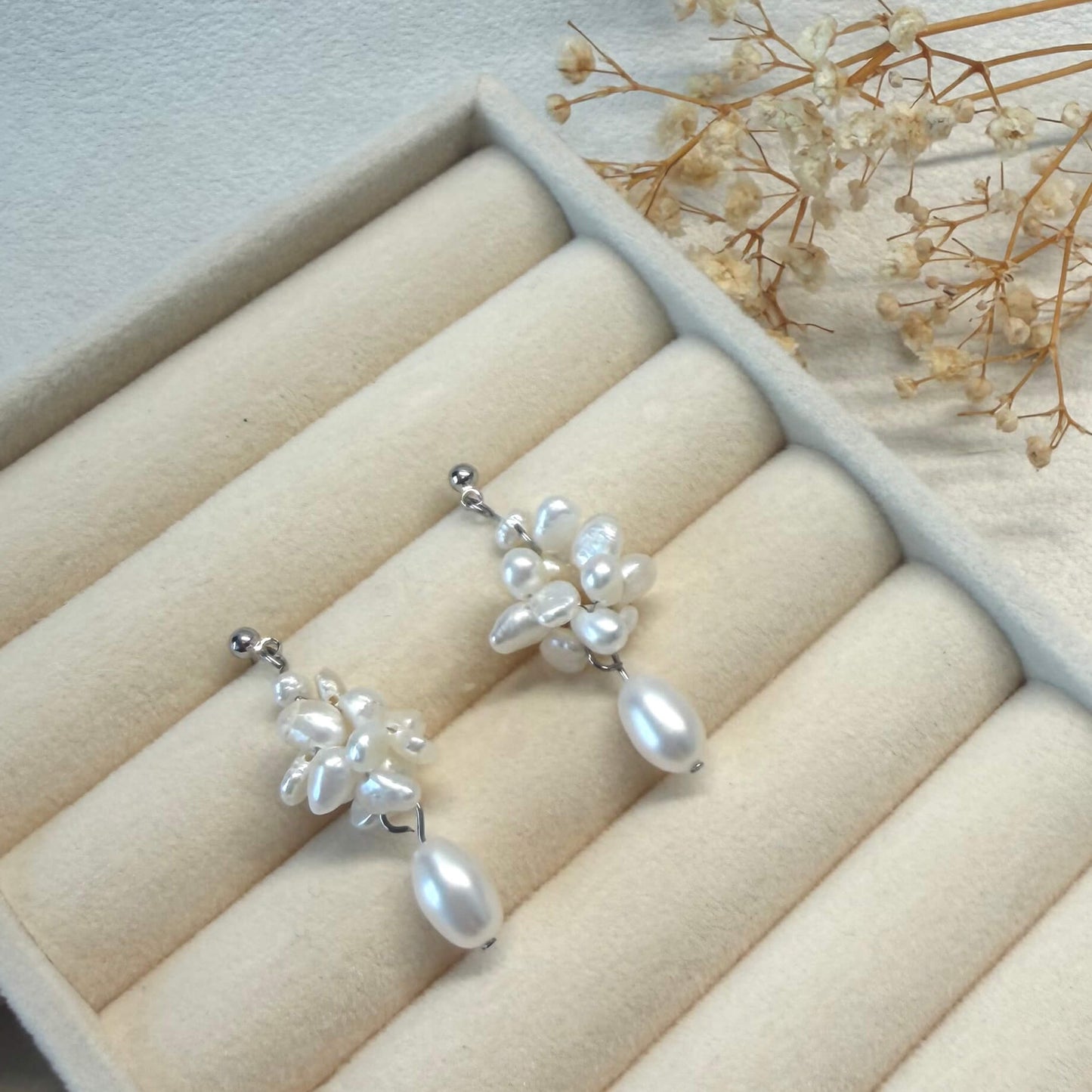 Handmade Pearl Flower Cluster Drop Earrings