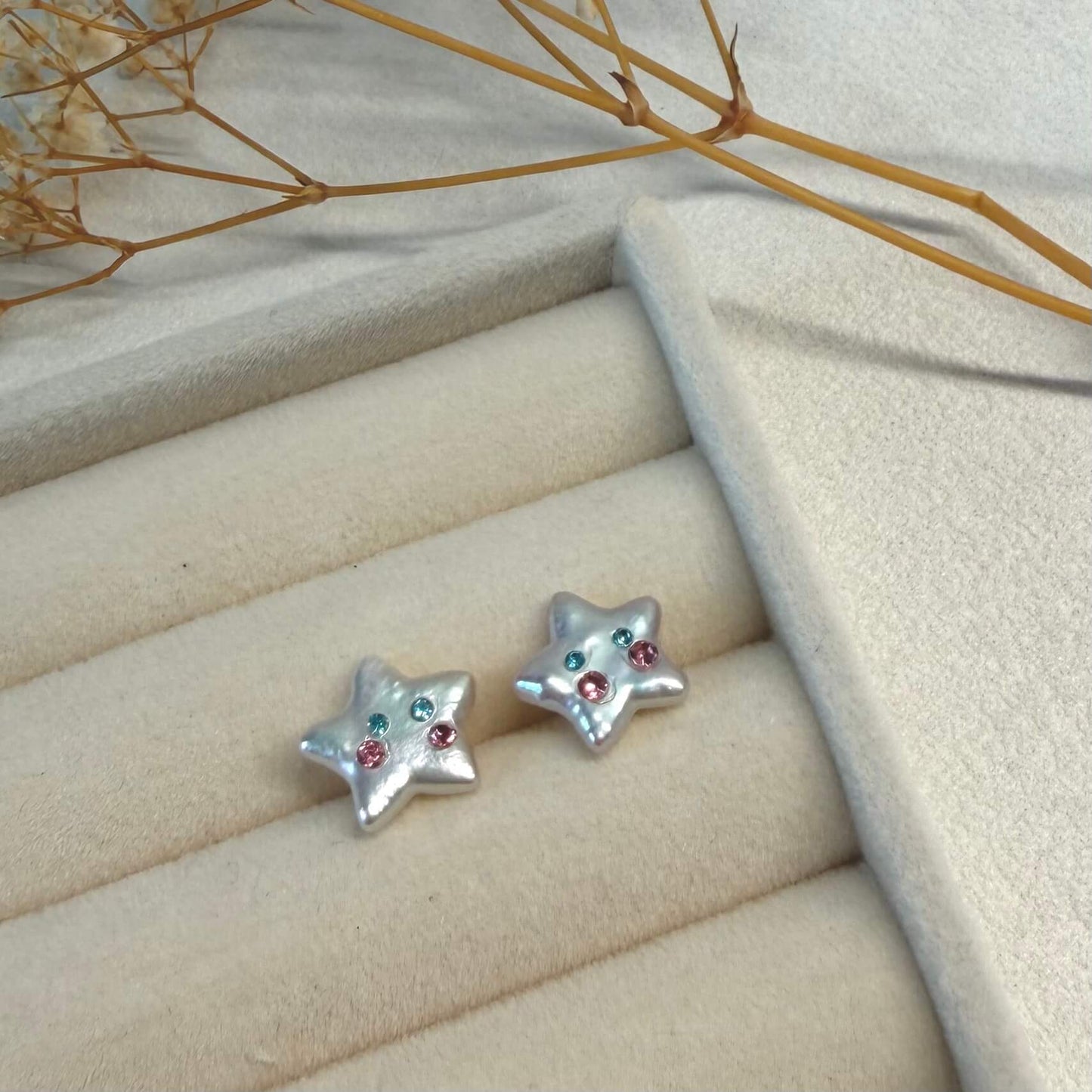 Colorful CZ Star Baroque Pearl Stud Earrings