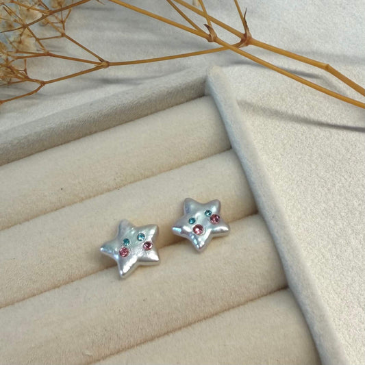 Colorful CZ Star Baroque Pearl Stud Earrings