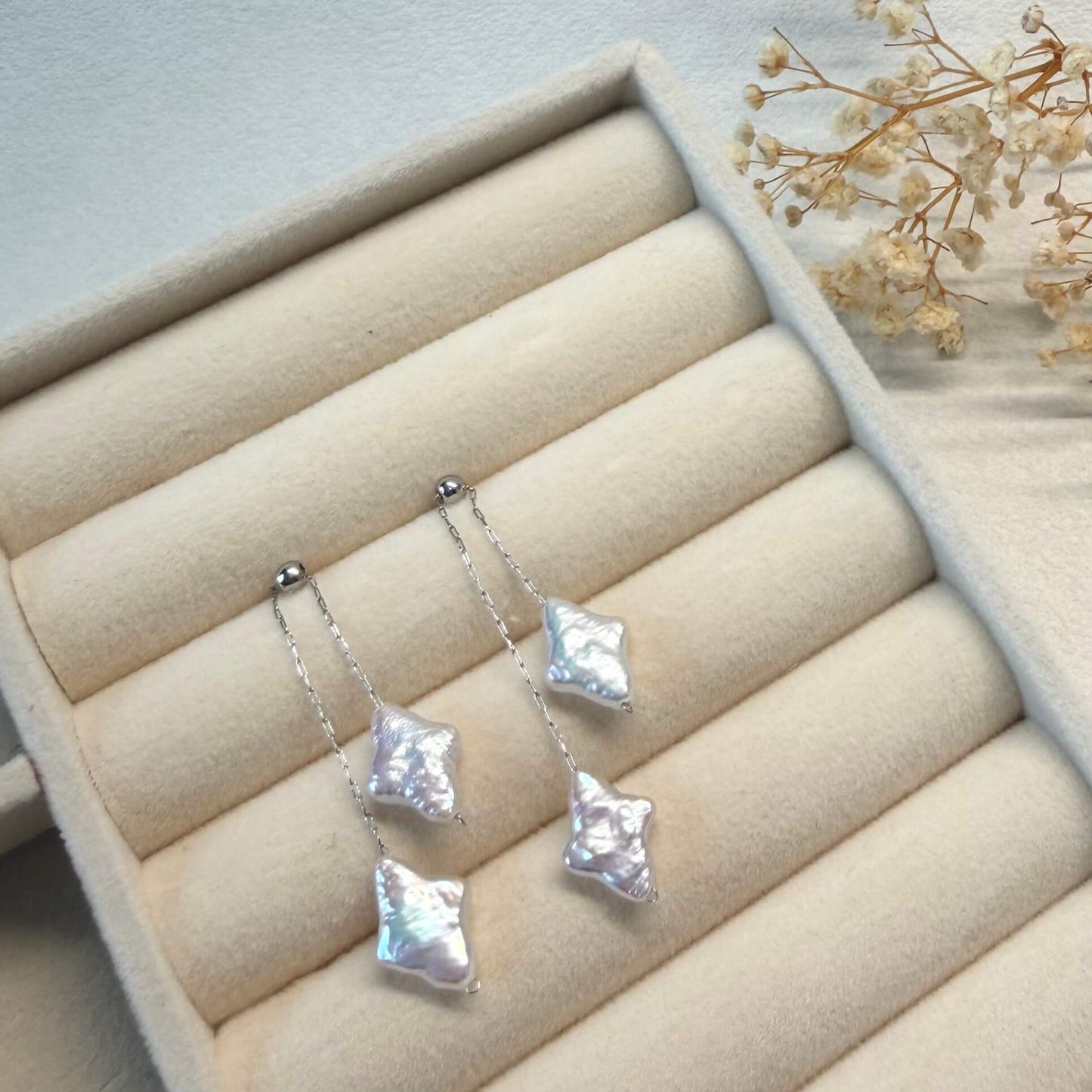 Asymmetrical Diamond Baroque Pearl Earrings