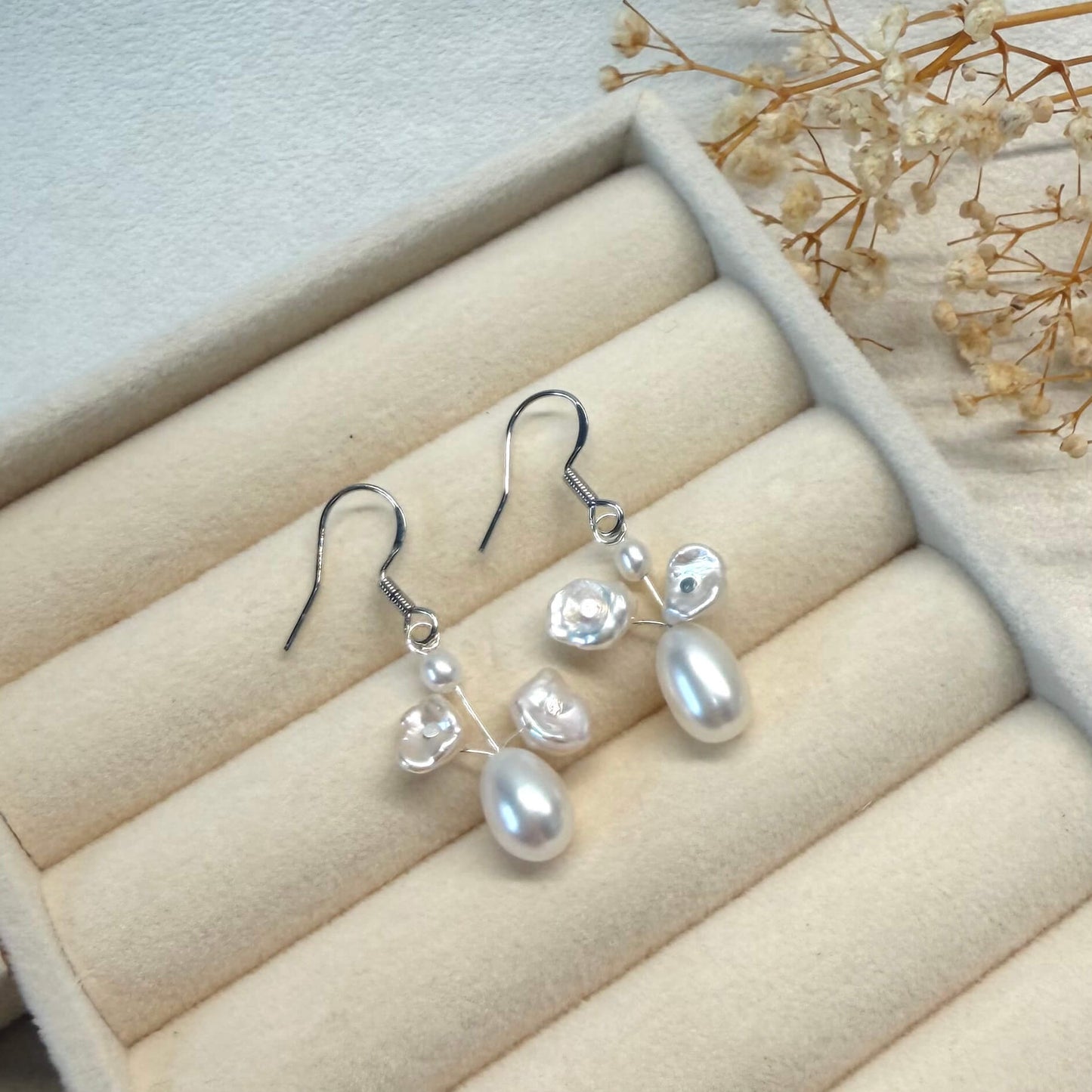 Pearl Flower Basket Dangle Earrings