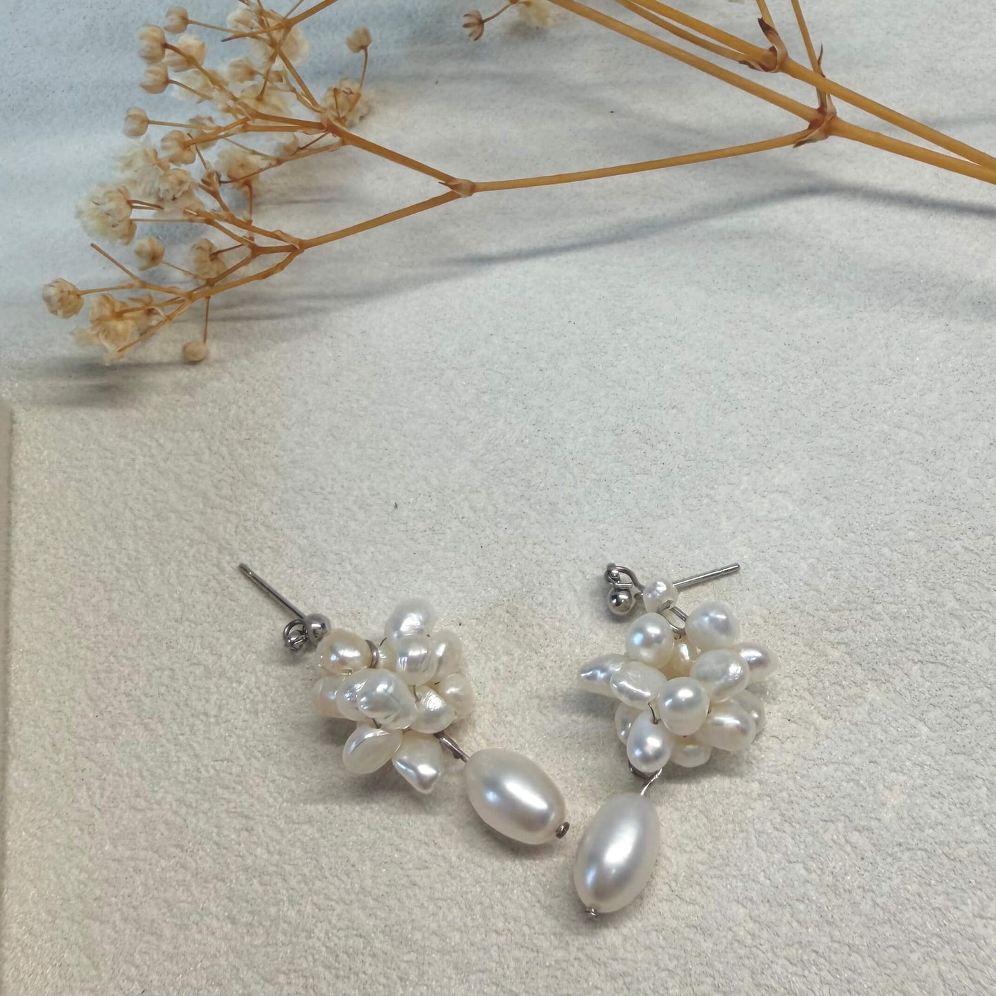 Handmade Pearl Flower Cluster Drop Earrings