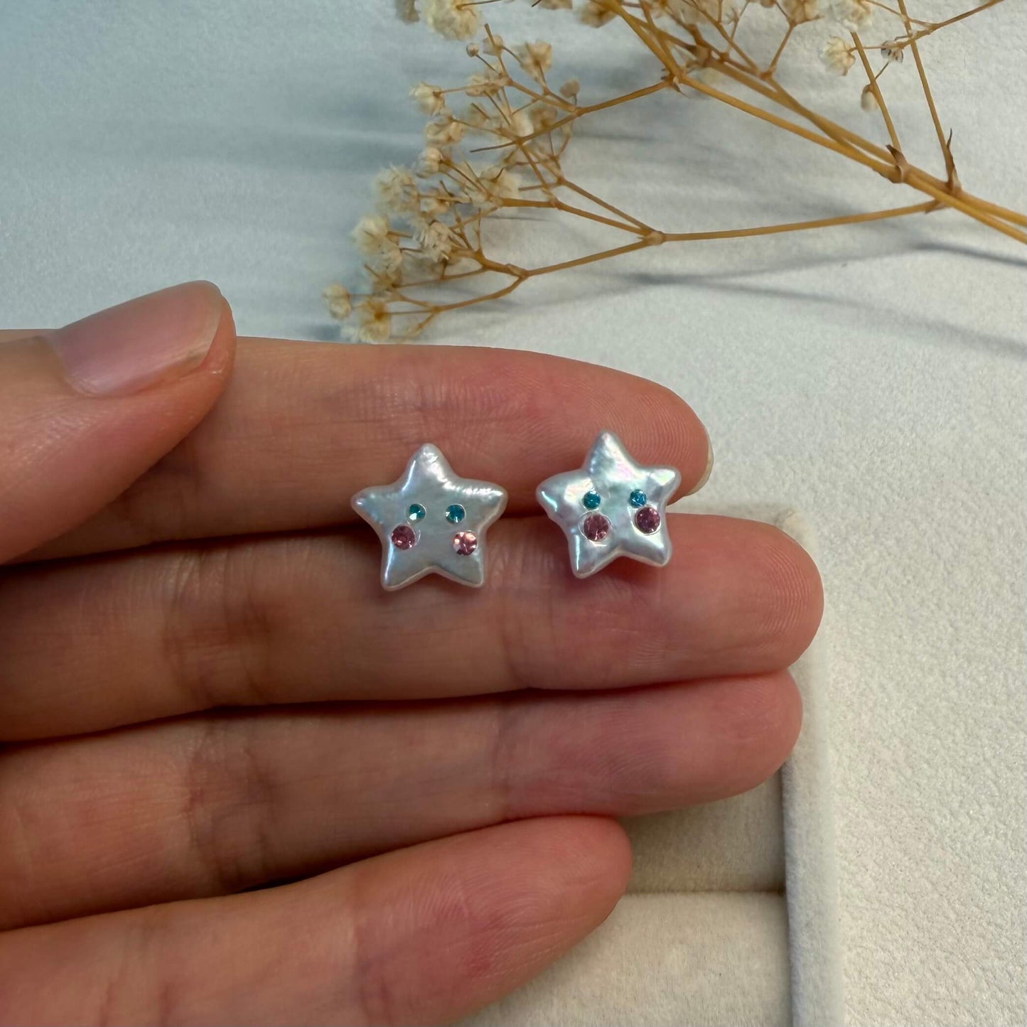 Colorful CZ Star Baroque Pearl Stud Earrings