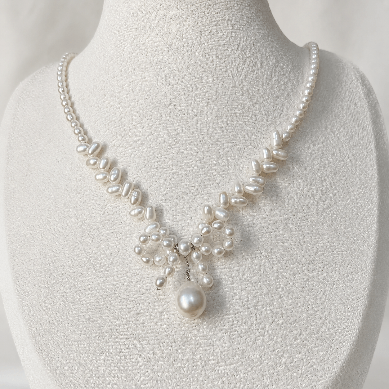 Handmade Woven Pearl Bow Necklace with Drop Pearl