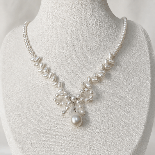 Handmade Woven Pearl Bow Necklace with Drop Pearl