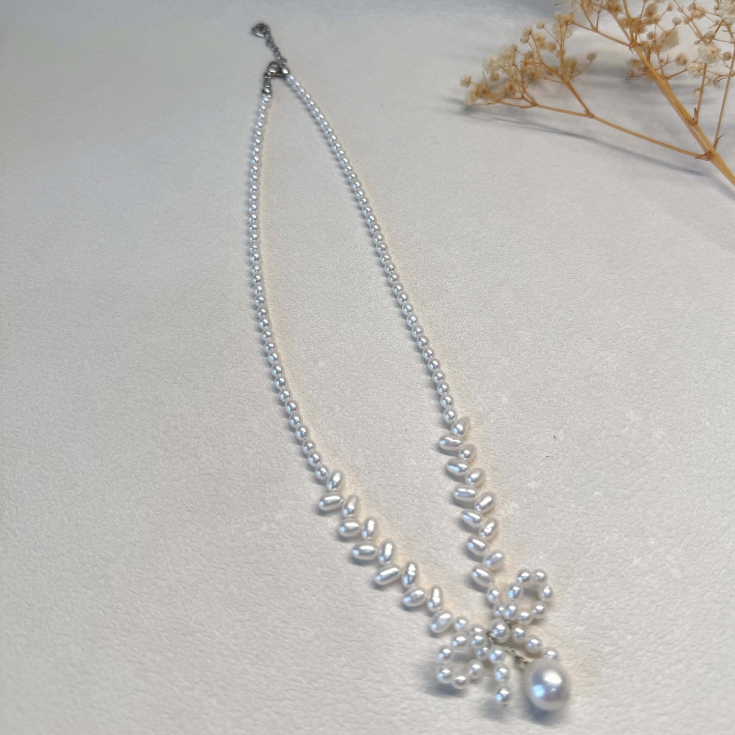 Handmade Woven Pearl Bow Necklace with Drop Pearl