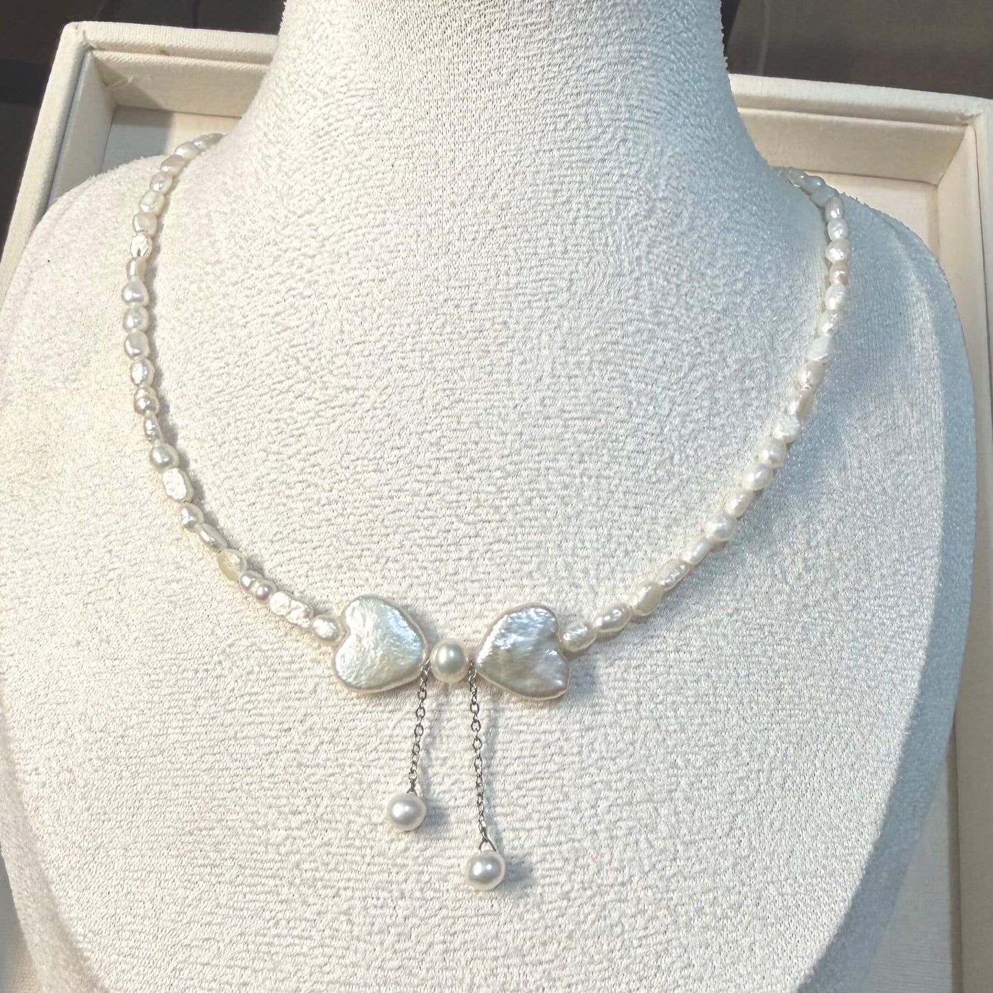 Handmade Heart Pearl Bow Necklace with Double Pearl Drops