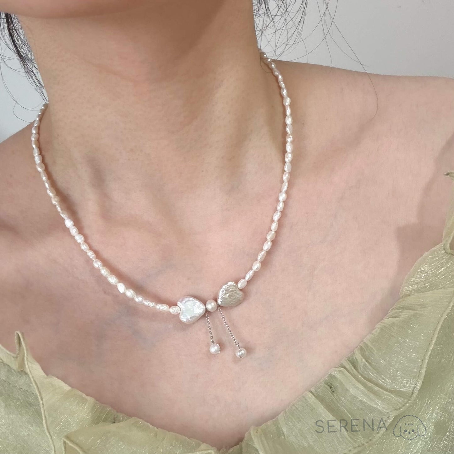 Handmade Heart Pearl Bow Necklace with Double Pearl Drops