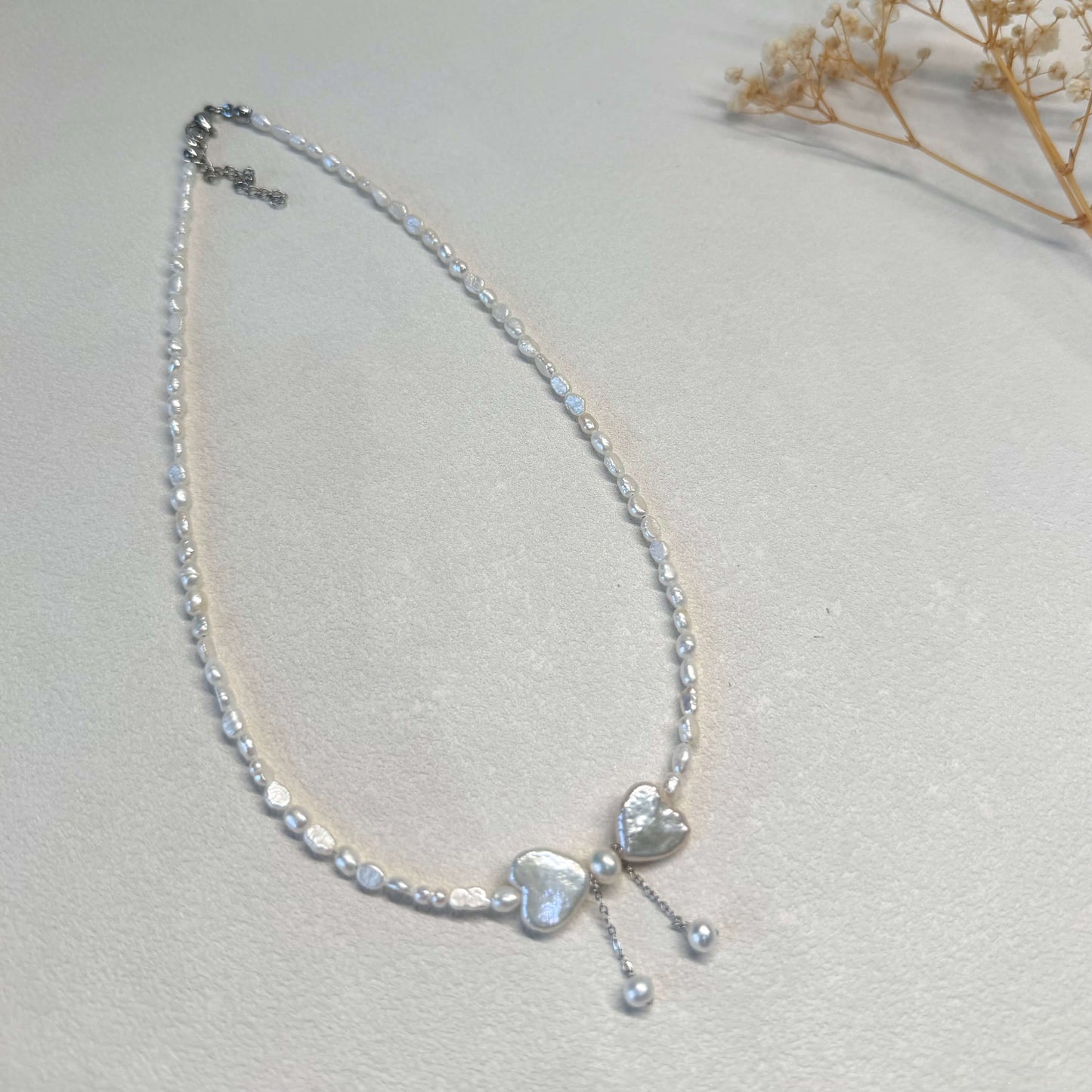 Handmade Heart Pearl Bow Necklace with Double Pearl Drops