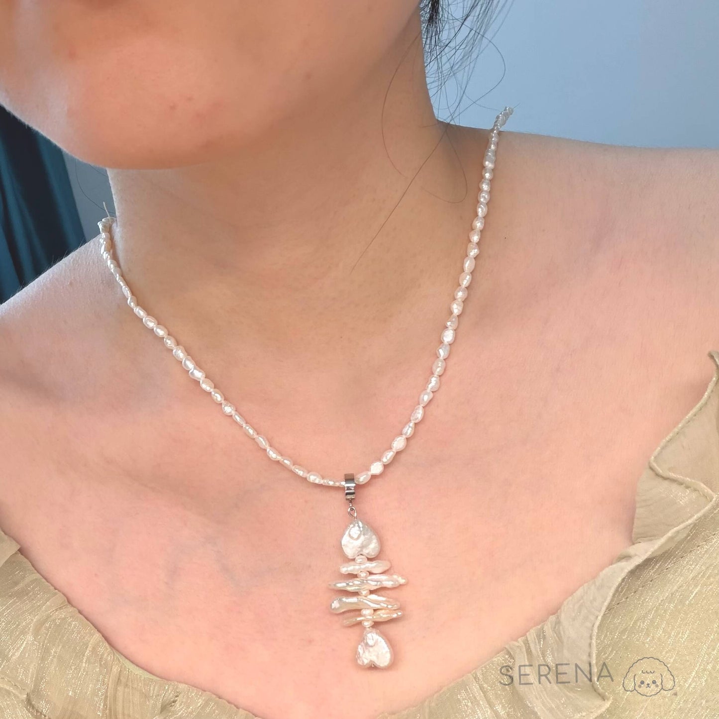 Baroque Pearl Fishbone Pendant Necklace