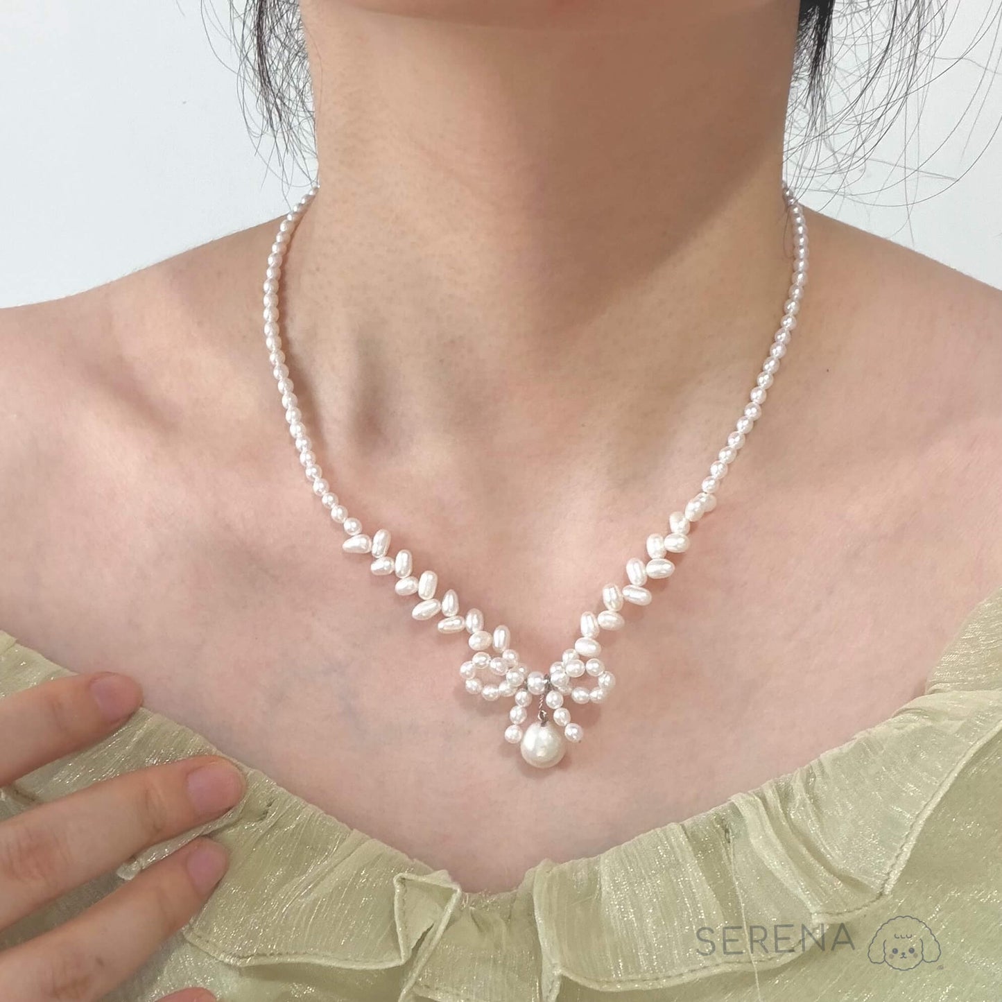 Handmade Woven Pearl Bow Necklace with Drop Pearl